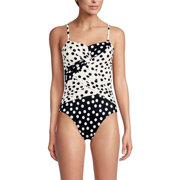 Land's End one piece swimsuit Bandeau slender suit black egret tossed dots Var - Picture 4 of 7